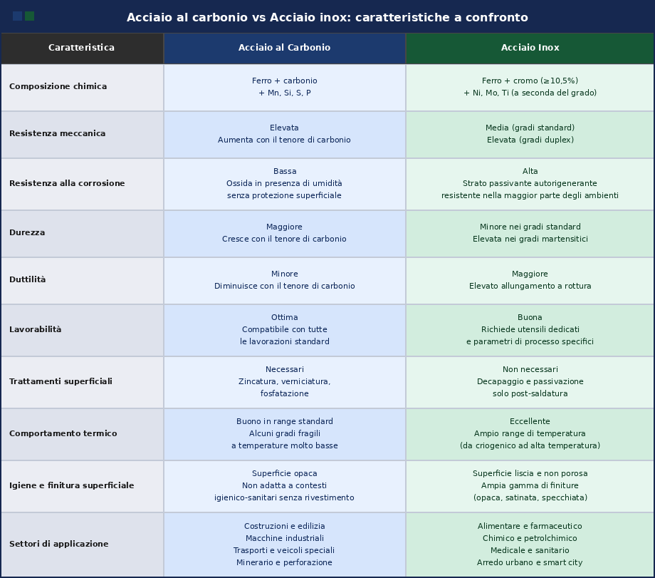 Tabella di confronto tra le caratteristiche dell'acciaio al carbonio e dell'acciaio inox
